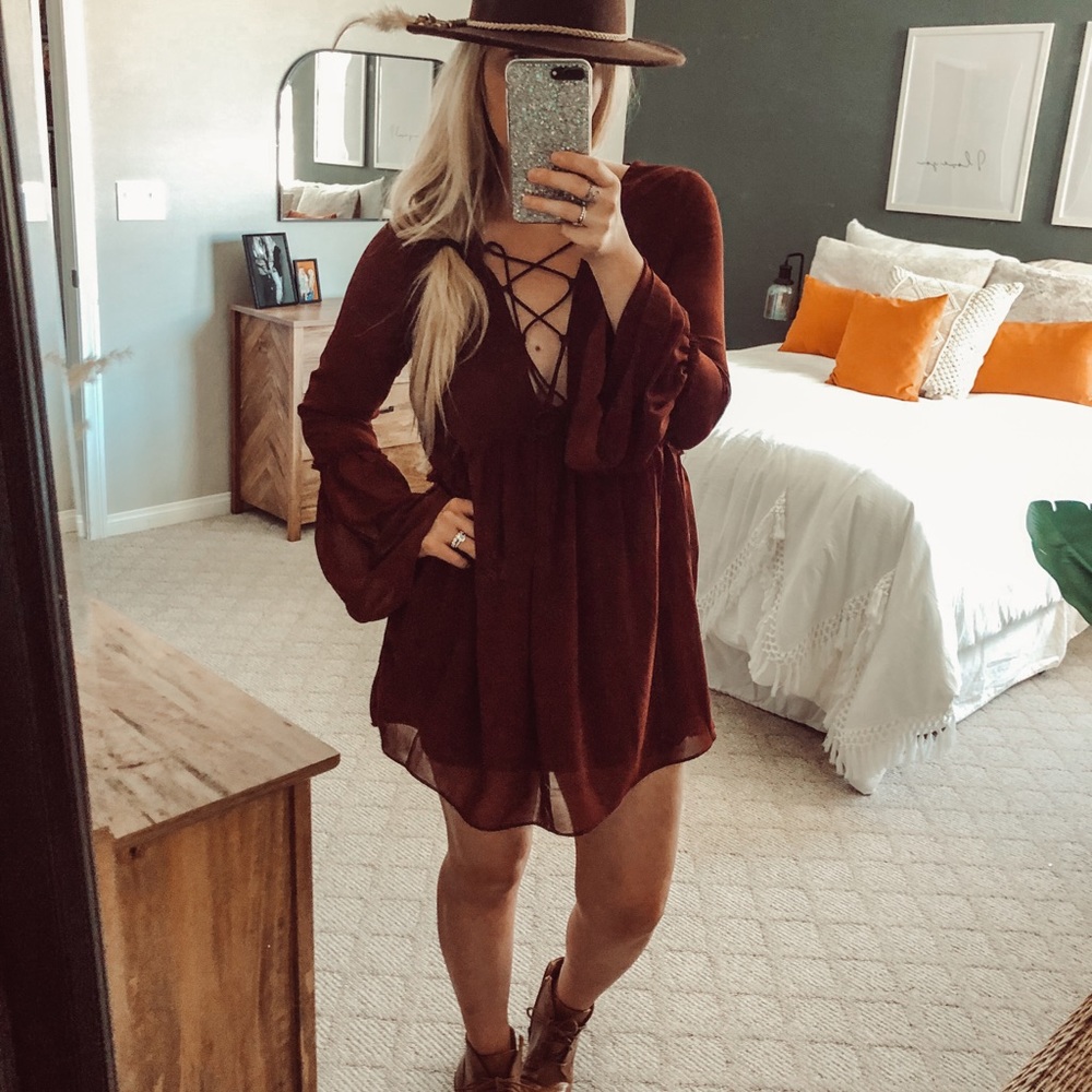Burgundy Lace-up Mini Dress